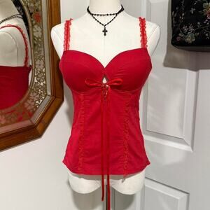 VTG Y2K Clk Clk Clk Red Lace Up Ruffle Lace Smocked Bustier Top w Padding S